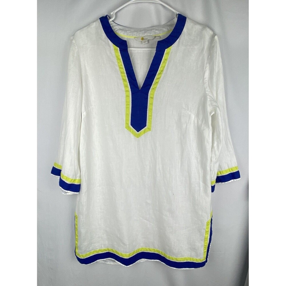 Boden Tunic Top‎ Womens 8 Neck Detail Kaftan 100% Linen White Navy Yellow *READ